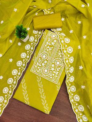 Sea green chanderi embroidered unstitched dressmaterials 3 pair top bottom dupptaa 1
