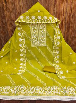 Sea green chanderi embroidered unstitched dressmaterials 3 pair top bottom dupptaa 2