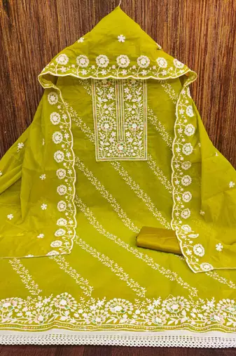 Sea green chanderi embroidered unstitched dressmaterials 3 pair top bottom dupptaa