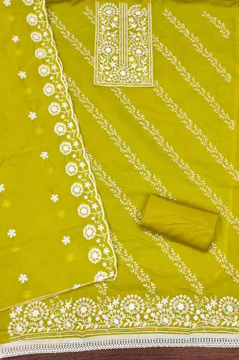 Sea green chanderi embroidered unstitched dressmaterials 3 pair top bottom dupptaa