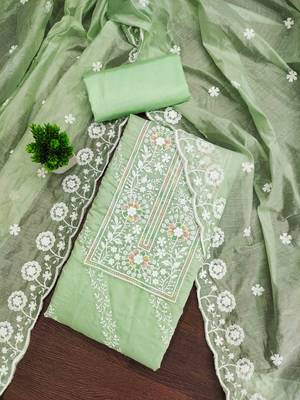 Sea green chanderi embroidered unstitched dressmaterials 3 pair top bottom dupptaa 1