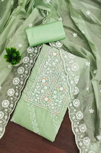Sea green chanderi embroidered unstitched dressmaterials 3 pair top bottom dupptaa
