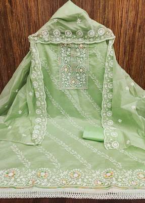 Sea green chanderi embroidered unstitched dressmaterials 3 pair top bottom dupptaa 2