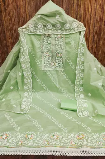 Sea green chanderi embroidered unstitched dressmaterials 3 pair top bottom dupptaa