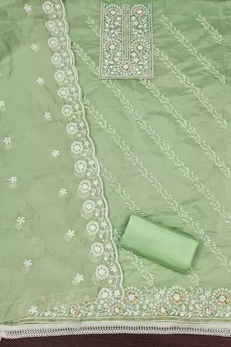 Sea green chanderi embroidered unstitched dressmaterials 3 pair top bottom dupptaa
