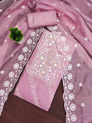 Pink chanderi  embroidered unstitched dressmaterials 3 pair top bottom dupptaa 1