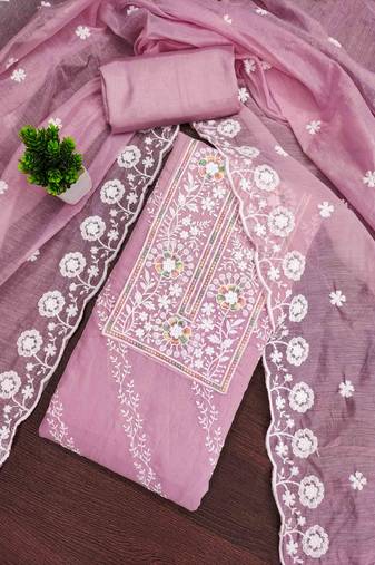 Pink chanderi  embroidered unstitched dressmaterials 3 pair top bottom dupptaa