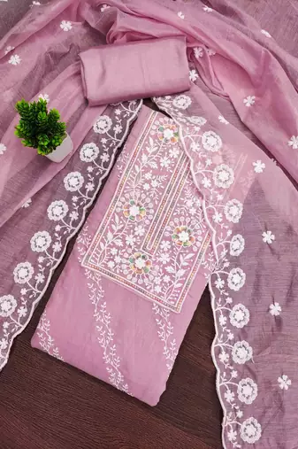 Pink chanderi  embroidered unstitched dressmaterials 3 pair top bottom dupptaa