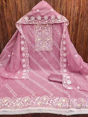 Pink chanderi  embroidered unstitched dressmaterials 3 pair top bottom dupptaa 2