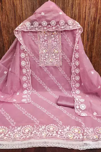 Pink chanderi  embroidered unstitched dressmaterials 3 pair top bottom dupptaa
