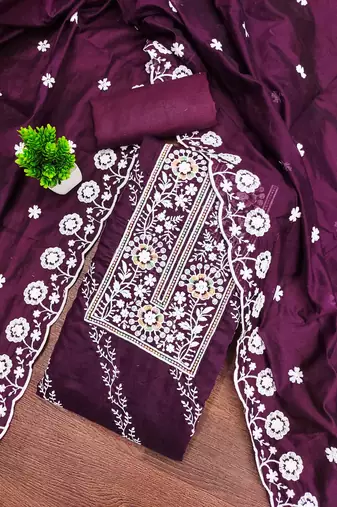 Purple chanderi  embroidered unstitched dressmaterials 3 pair top bottom dupptaa