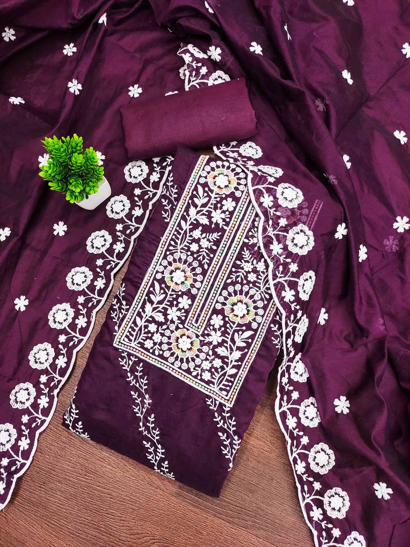 Purple chanderi  embroidered unstitched dressmaterials 3 pair top bottom dupptaa