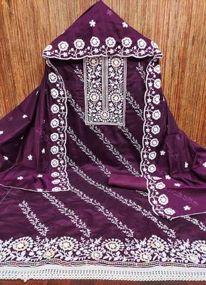 Purple chanderi  embroidered unstitched dressmaterials 3 pair top bottom dupptaa 2