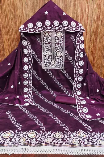 Purple chanderi  embroidered unstitched dressmaterials 3 pair top bottom dupptaa