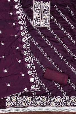 Purple chanderi  embroidered unstitched dressmaterials 3 pair top bottom dupptaa 4