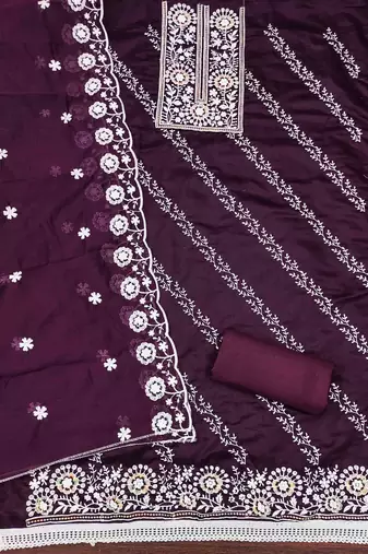 Purple chanderi  embroidered unstitched dressmaterials 3 pair top bottom dupptaa