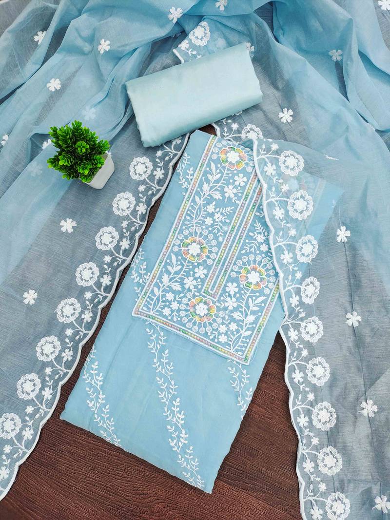 Sky chanderi embroidered unstitched dressmaterials 3 pair top bottom dupptaa