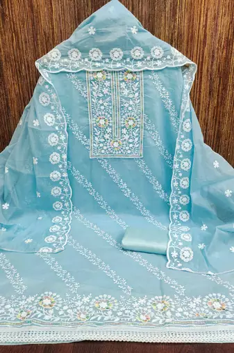 Sky chanderi embroidered unstitched dressmaterials 3 pair top bottom dupptaa