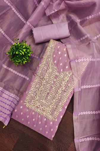 lavender silk blend embroidered unstitched dressmaterials 3 pair top bottom dupptaa