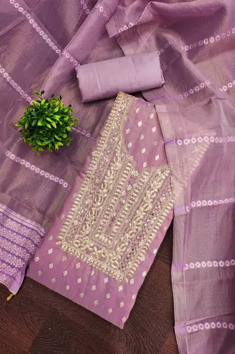 lavender silk blend embroidered unstitched dressmaterials 3 pair top bottom dupptaa