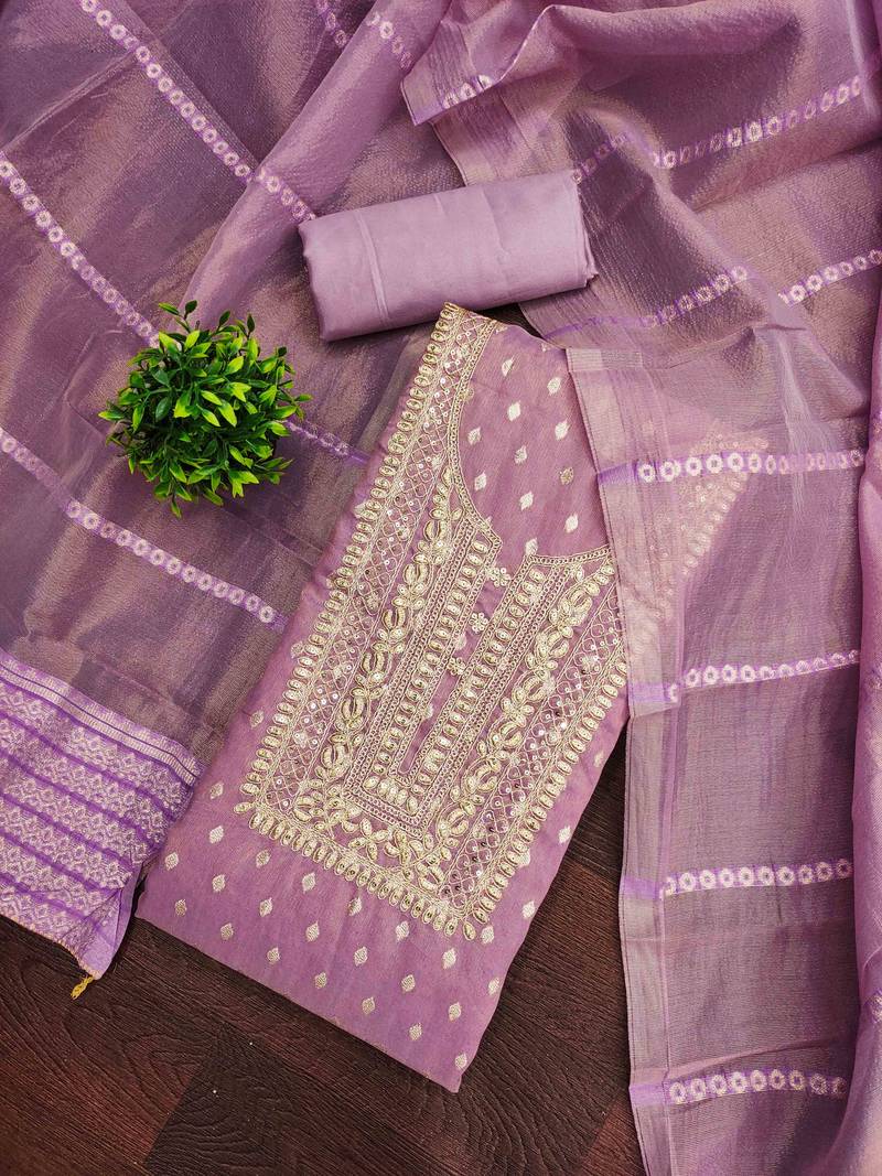 Lavender silk embroidered unstitched dressmaterials 3 pair top bottom dupptaa