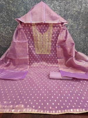 Lavender silk embroidered unstitched dressmaterials 3 pair top bottom dupptaa 4