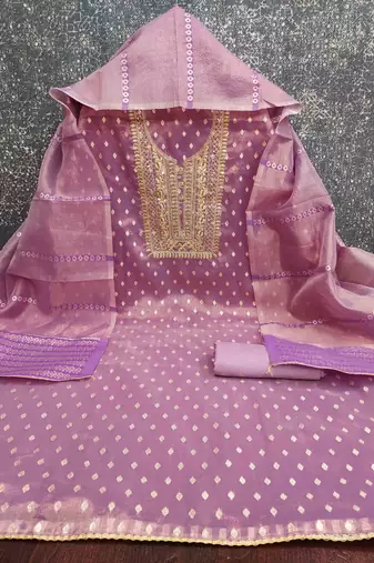 lavender silk blend embroidered unstitched dressmaterials 3 pair top bottom dupptaa