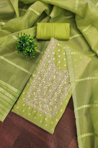 sea green silk blend embroidered unstitched dressmaterials 3 pair top bottom dupptaa
