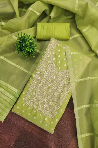 sea green silk blend embroidered unstitched dressmaterials 3 pair top bottom dupptaa