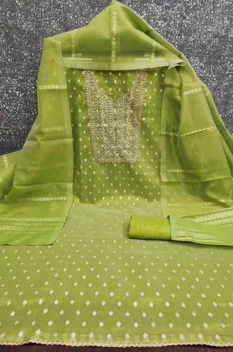 sea green silk blend embroidered unstitched dressmaterials 3 pair top bottom dupptaa