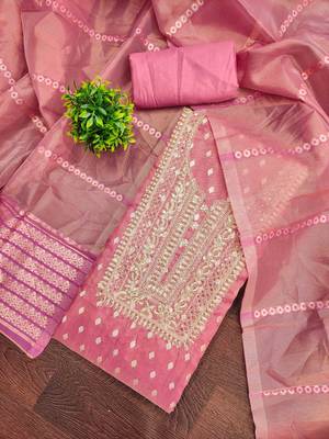 Pink silk  embroidered unstitched dressmaterials 3 pair top bottom dupptaa 1