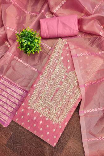 pink silk blend embroidered unstitched dressmaterials 3 pair top bottom dupptaa