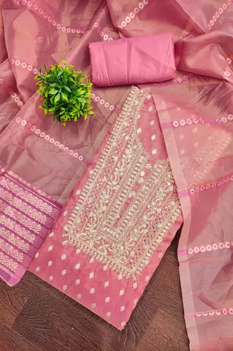 pink silk blend embroidered unstitched dressmaterials 3 pair top bottom dupptaa