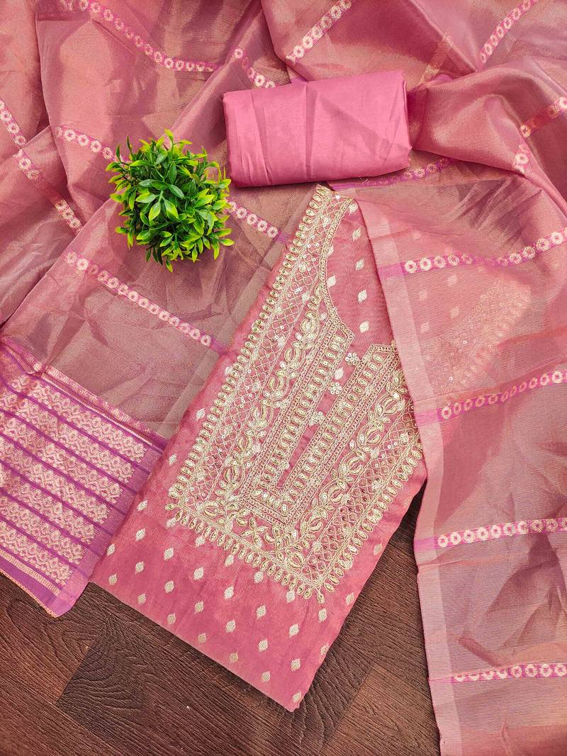 Pink silk  embroidered unstitched dressmaterials 3 pair top bottom dupptaa