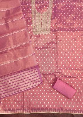 Pink silk  embroidered unstitched dressmaterials 3 pair top bottom dupptaa 3