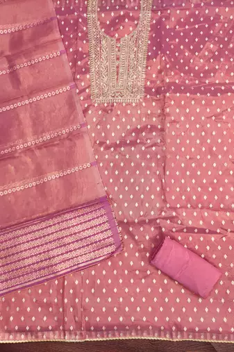 pink silk blend embroidered unstitched dressmaterials 3 pair top bottom dupptaa