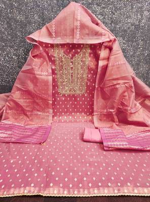 Pink silk  embroidered unstitched dressmaterials 3 pair top bottom dupptaa 4