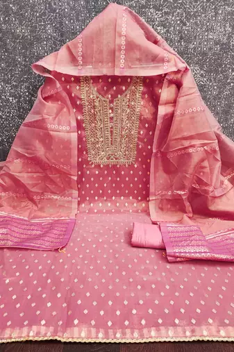 pink silk blend embroidered unstitched dressmaterials 3 pair top bottom dupptaa