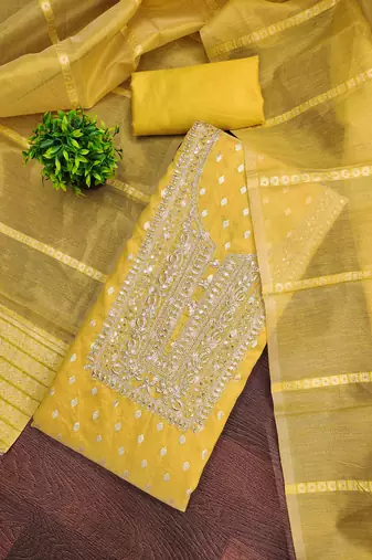 yellow silk blend embroidered unstitched dressmaterials 3 pair top bottom dupptaa