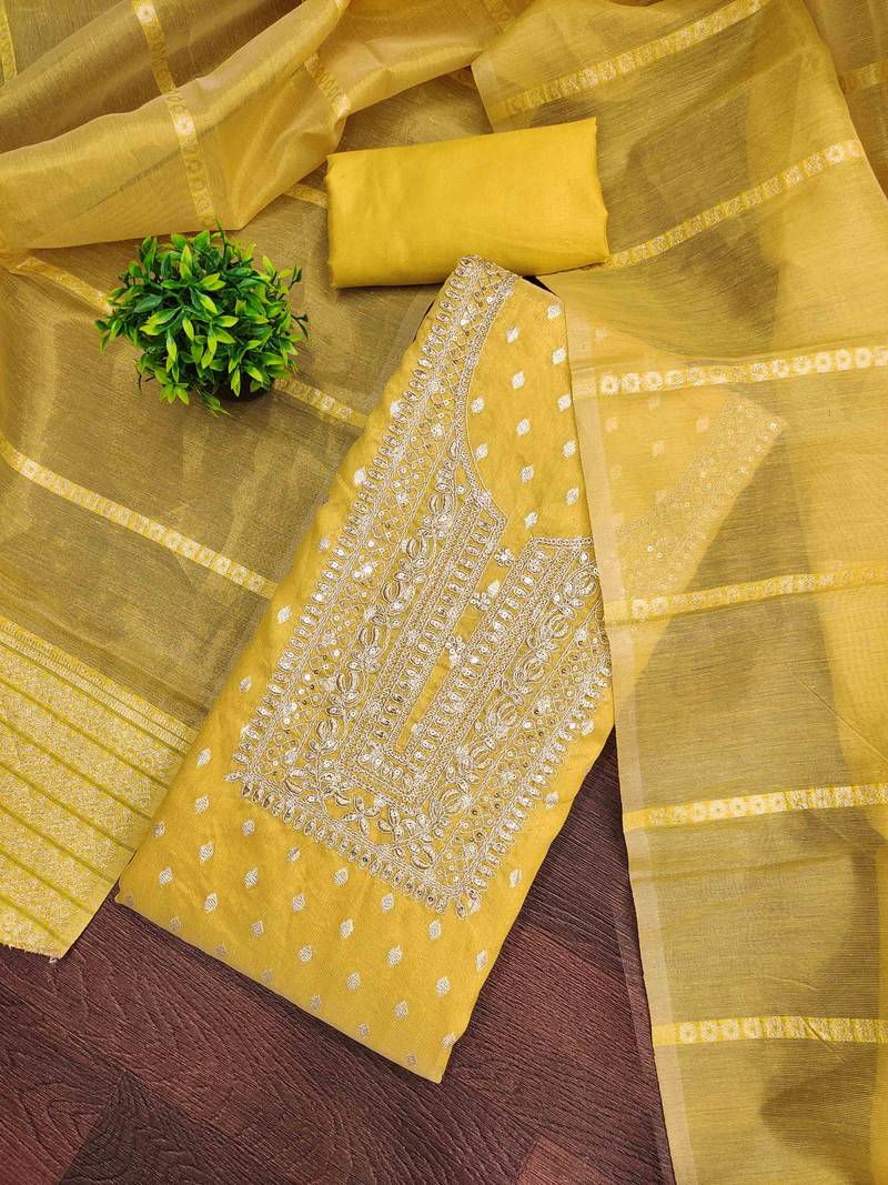Yellow silk embroidered unstitched dressmaterials 3 pair top bottom dupptaa