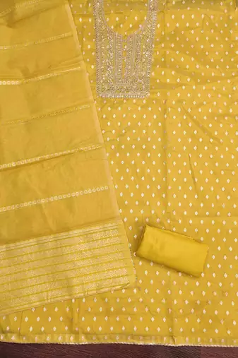 yellow silk blend embroidered unstitched dressmaterials 3 pair top bottom dupptaa