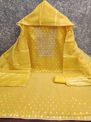 Yellow silk embroidered unstitched dressmaterials 3 pair top bottom dupptaa 4