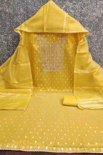 yellow silk blend embroidered unstitched dressmaterials 3 pair top bottom dupptaa