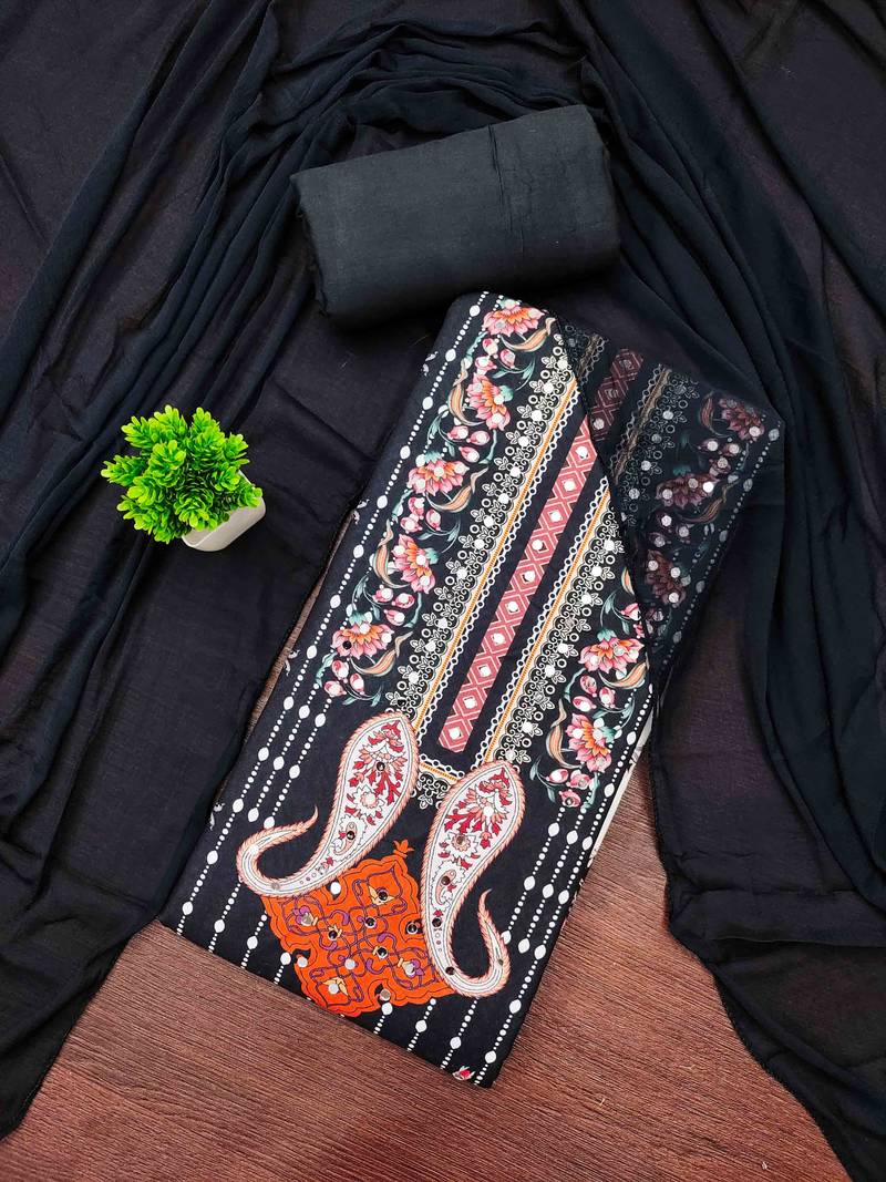 Black georette  embroidered unstitched dressmaterials 3 pair top bottom dupptaa