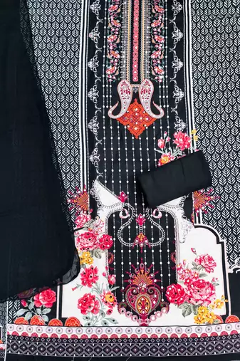 black georette embroidered unstitched dressmaterials 3 pair top bottom dupptaa