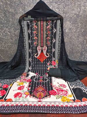 Black georette  embroidered unstitched dressmaterials 3 pair top bottom dupptaa 3