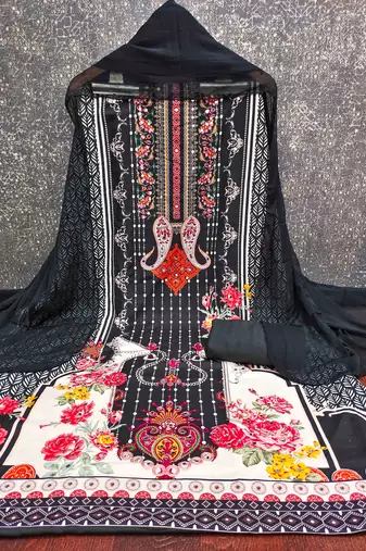 black georette embroidered unstitched dressmaterials 3 pair top bottom dupptaa