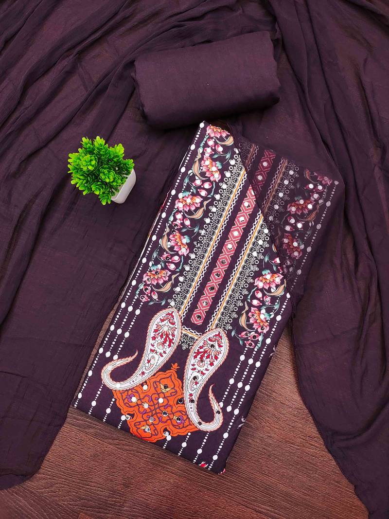 Purple georette  embroidered unstitched dressmaterials 3 pair top bottom dupptaa