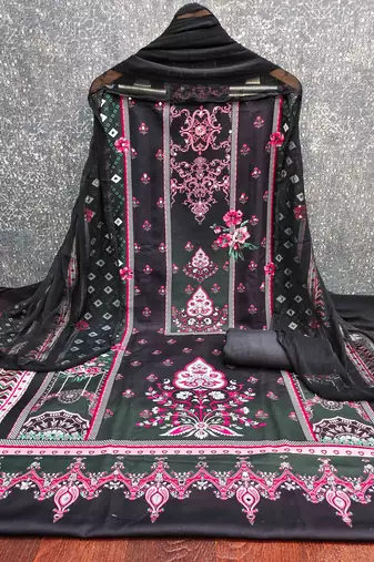 black georette embroidered unstitched dressmaterials 3 pair top bottom dupptaa