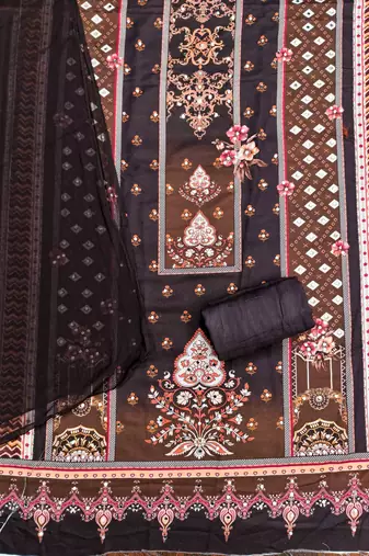 brown georgette embroidered unstitched dressmaterials 3 pair top bottom dupptaa